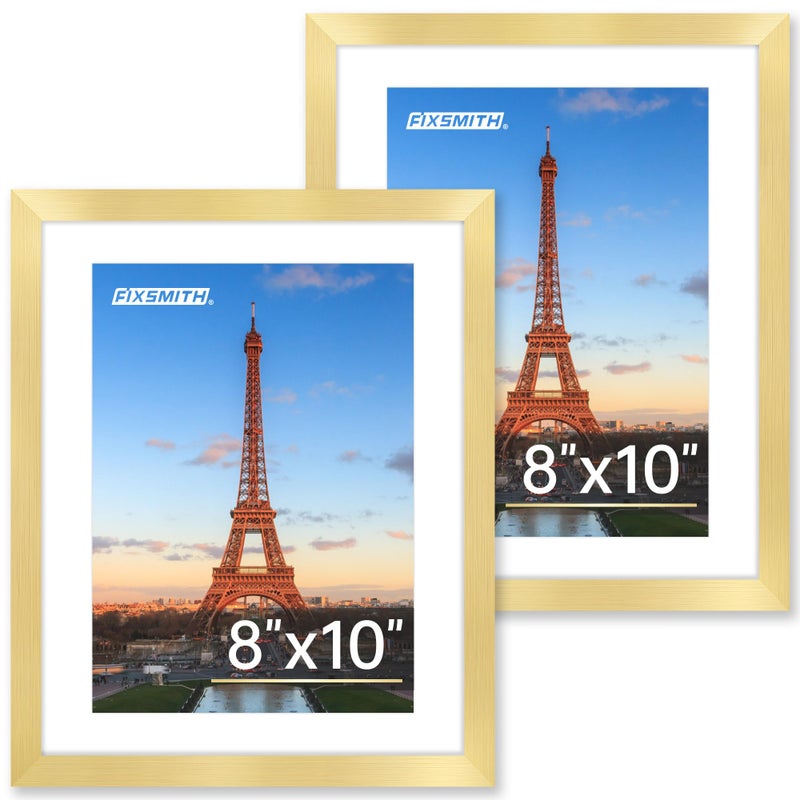 FIXSMITH 8x10 Picture Frame Set of 2, Gold Picture Frames Collage for Tabletop or Wall Display, Photo Frame with HD Plexiglass, Display Pictures 5x7 with Mat or 8x10 Without Mat - Image 1