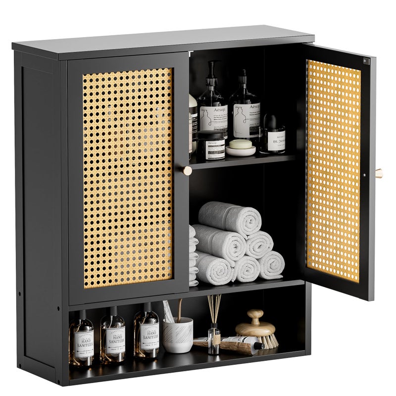 HITNET Wall Cabinet, Bamboo Medicine Cabinet with Rattan Doors and Adjustable Shelf, Bathroom Hanging Storage Organizer Over Toilet for Small Space (Black) - Image 1