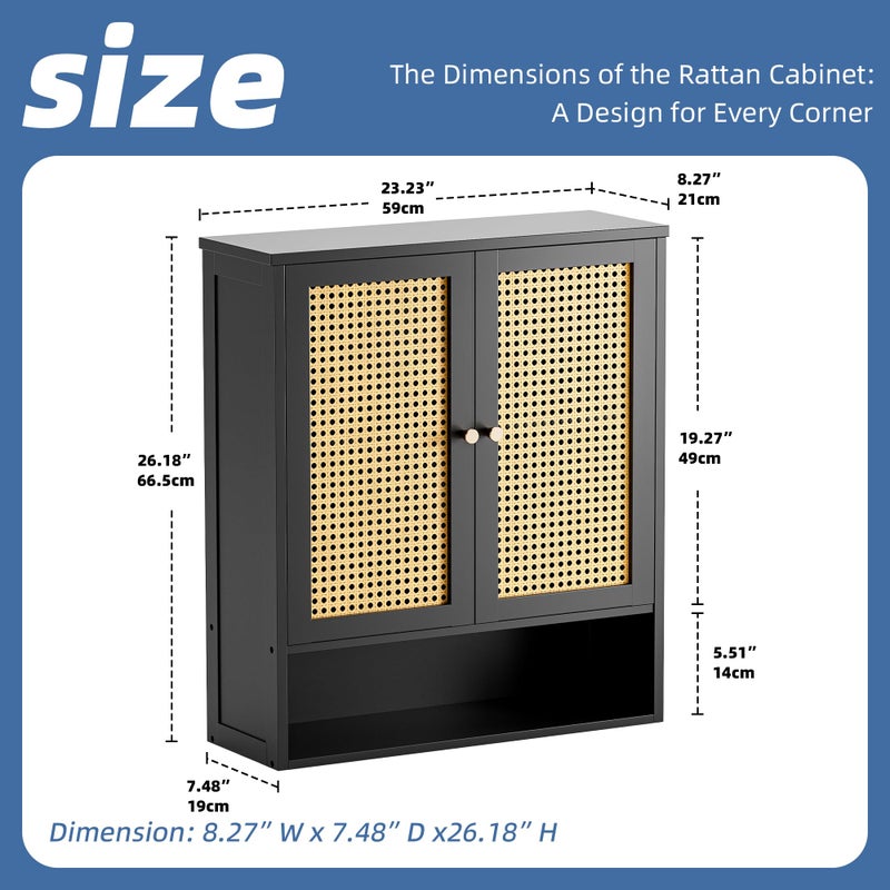 HITNET Wall Cabinet, Bamboo Medicine Cabinet with Rattan Doors and Adjustable Shelf, Bathroom Hanging Storage Organizer Over Toilet for Small Space (Black) - Image 3