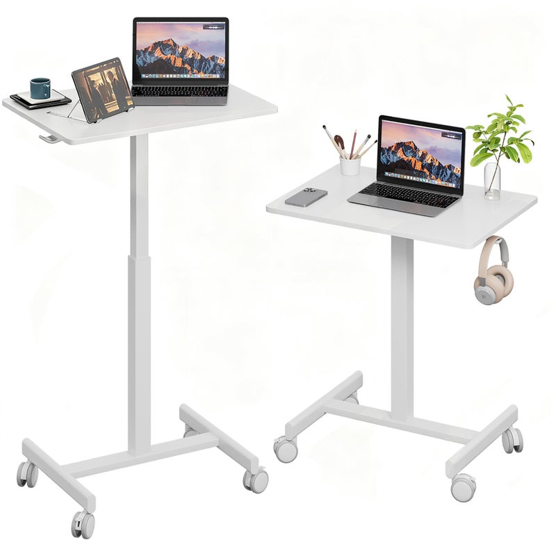 Gamork 18.9 * 25.6 inch Mobile Standing Desk,T Shaped Pneumatic Adjustable Height Stand Up Desk,with Lockable Wheels,Ergonomic Standing Side Table for Home Office Work Computer Workstation White - Image 1