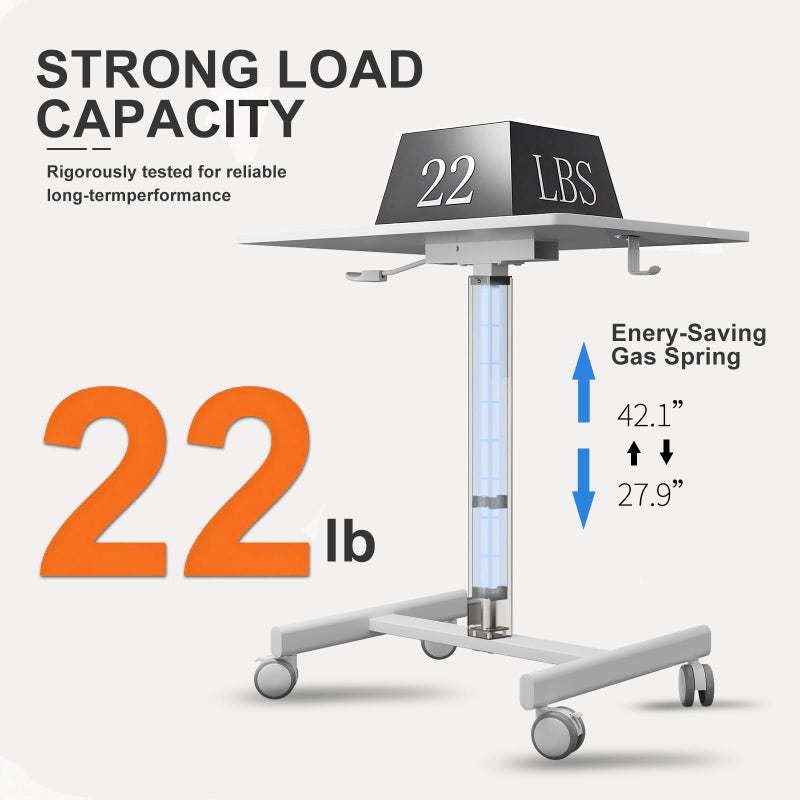 Gamork 18.9 * 25.6 inch Mobile Standing Desk,T Shaped Pneumatic Adjustable Height Stand Up Desk,with Lockable Wheels,Ergonomic Standing Side Table for Home Office Work Computer Workstation White - Image 3