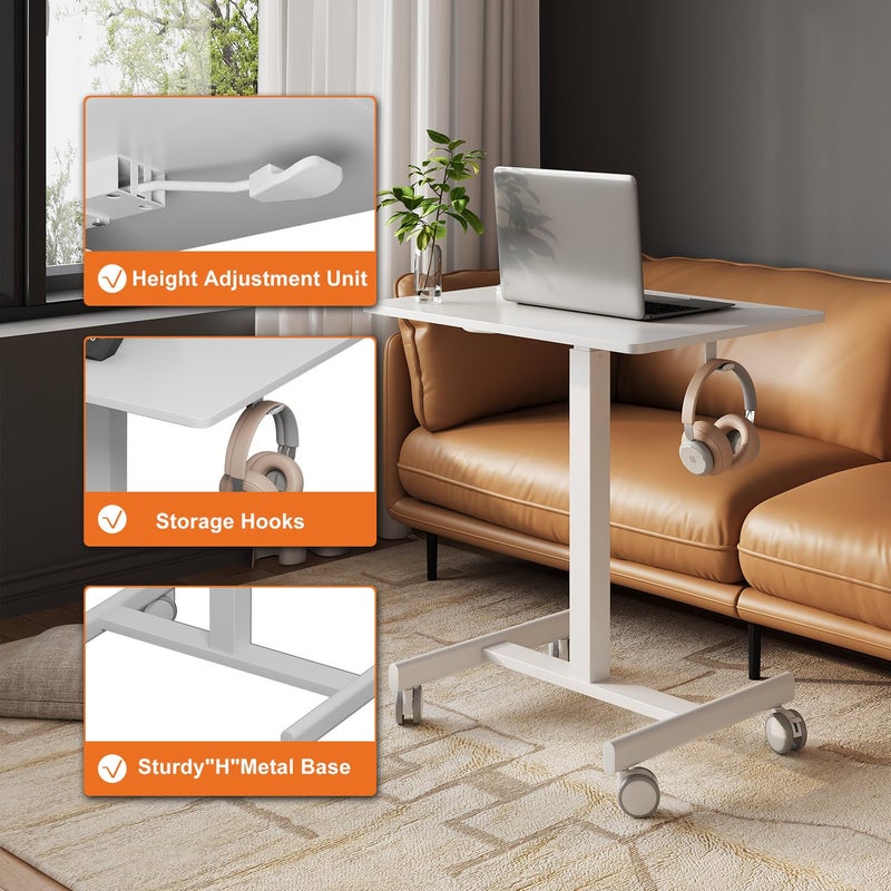 Gamork 18.9 * 25.6 inch Mobile Standing Desk,T Shaped Pneumatic Adjustable Height Stand Up Desk,with Lockable Wheels,Ergonomic Standing Side Table for Home Office Work Computer Workstation White - Image 5