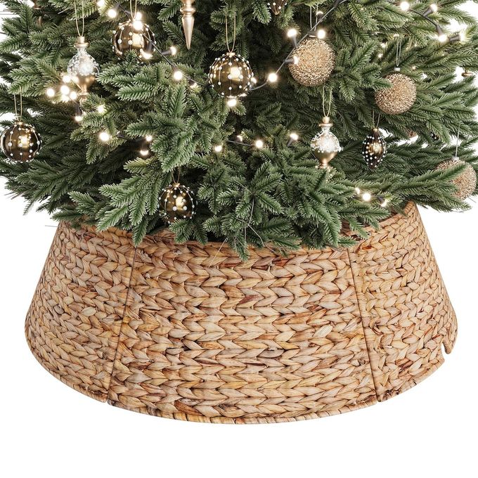 ELYKEN 33Inch Woven Rattan Christmas Tree Collar Stylish Hyacinth 6Piece Tree Skirt for Artificial Trees Wicker Tree Base Cover with Cord CutOut for Home Decor Living Room Display Natural