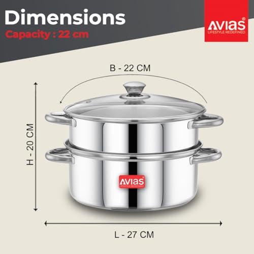 Avias Spectra Stainless Steel Steamer / 22cm for Cooking Vegetable Idli Modak Momo with Strong Side Handles for Easy Use Food Steamer/Cookware Set of 1 / Shiny Mirror Finish / 22cm - Image 4