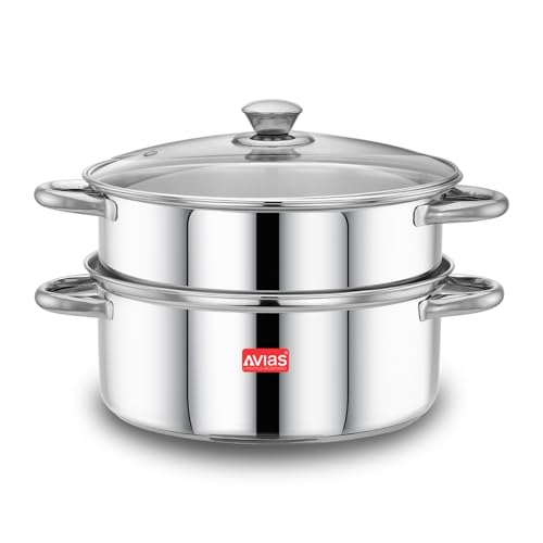 Avias Spectra Stainless Steel Steamer / 22cm for Cooking Vegetable Idli Modak Momo with Strong Side Handles for Easy Use Food Steamer/Cookware Set of 1 / Shiny Mirror Finish / 22cm - Image 1