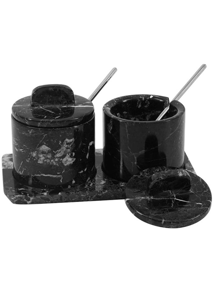 RADICALn Marble Salt Cellar with Lid and Tray 3'' Inches Black Handmade Salt Containers for Countertop - Marble Salt Jar with Lid For Kitchen Table, Marble Kitchen Accessories  - Image 1