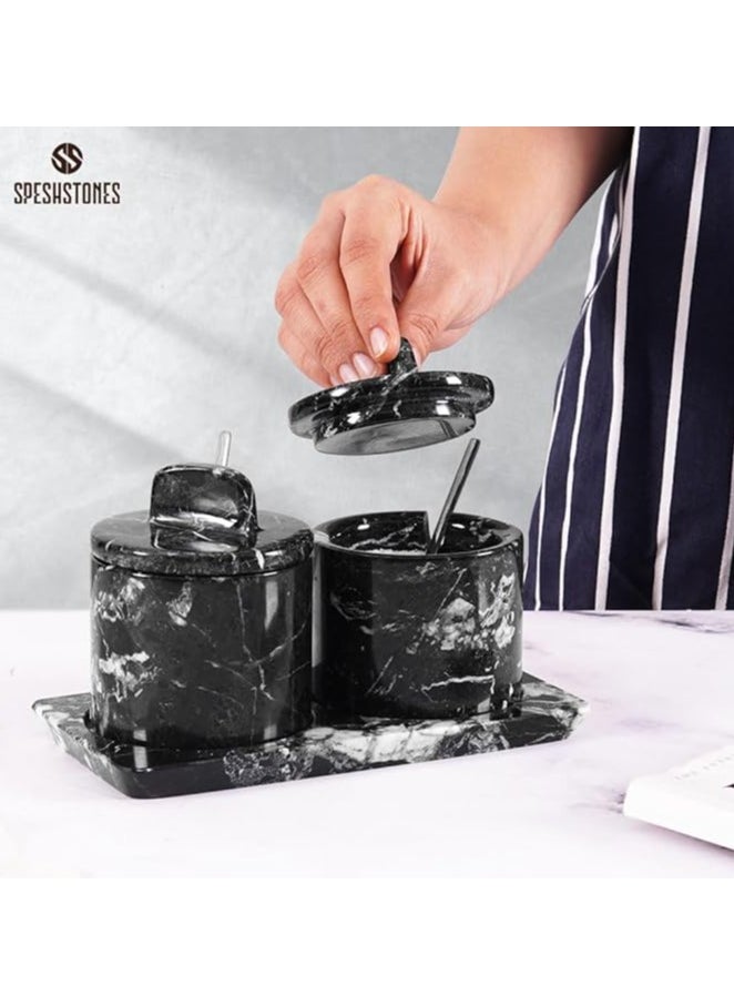 RADICALn Marble Salt Cellar with Lid and Tray 3'' Inches Black Handmade Salt Containers for Countertop - Marble Salt Jar with Lid For Kitchen Table, Marble Kitchen Accessories  - Image 2