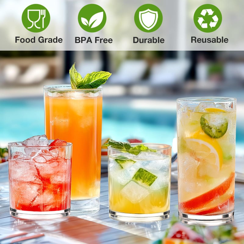 Meolibour Plastic Drinking Glasses Set of 8, 14oz Rocks & 20oz Water Cups, Unbreakable Plastic Glasses Drinkware, Clear Kitchen Tumblers for Home & Outdoors, Reusable , BPA-Free, Top-Rack Dishwasher Safe - Image 3