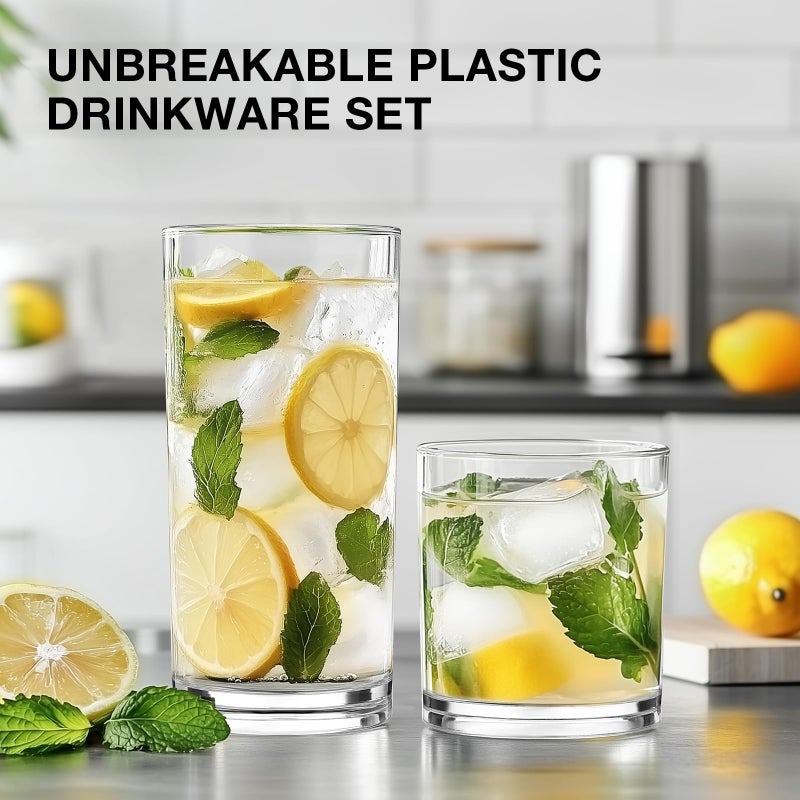 Meolibour Plastic Drinking Glasses Set of 8, 14oz Rocks & 20oz Water Cups, Unbreakable Plastic Glasses Drinkware, Clear Kitchen Tumblers for Home & Outdoors, Reusable , BPA-Free, Top-Rack Dishwasher Safe - Image 5
