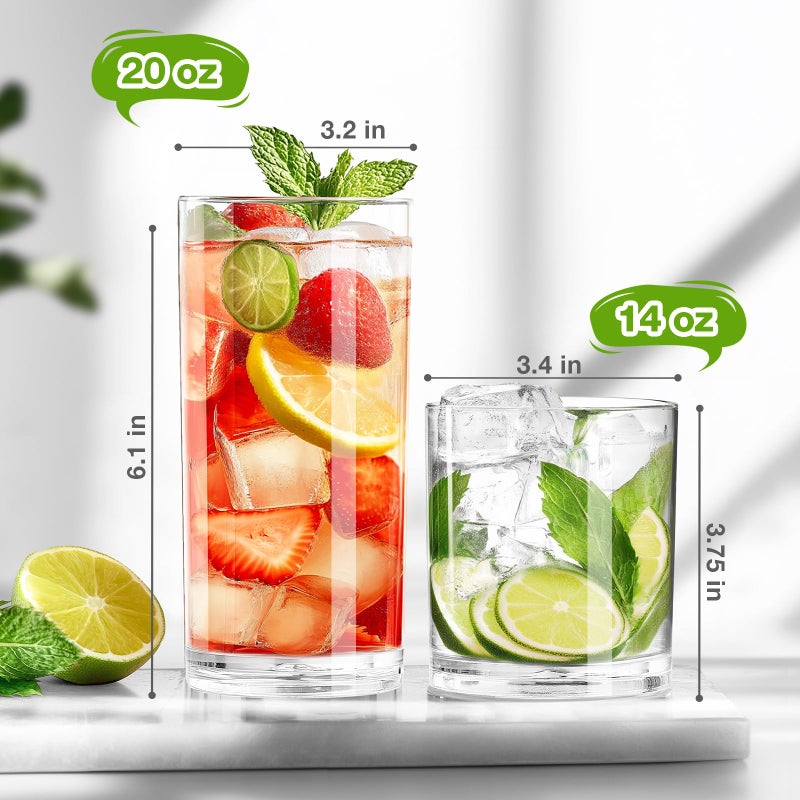 Meolibour Plastic Drinking Glasses Set of 8, 14oz Rocks & 20oz Water Cups, Unbreakable Plastic Glasses Drinkware, Clear Kitchen Tumblers for Home & Outdoors, Reusable , BPA-Free, Top-Rack Dishwasher Safe - Image 4