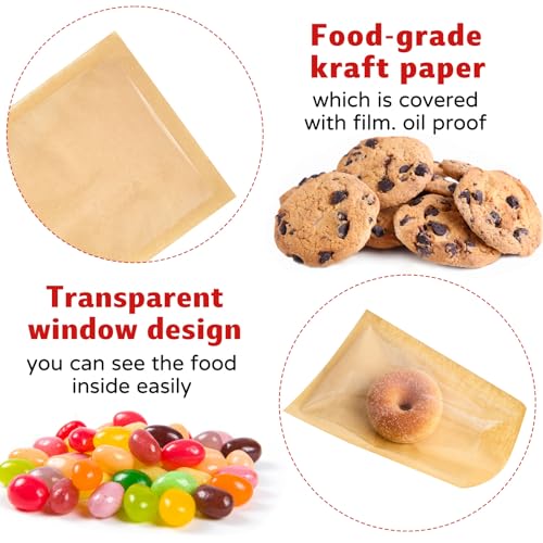 Ocmoiy ​​​Ocmoiy 100 Pcs Clear Front Paper Cookie Bags with Seal Heat-Sealable & Grease-Resistant, 5.1x7.5 Inches Brown Bakery Bags with Window, Small Treat Bags Cookies Packaging Favor Bags (100) - Image 3