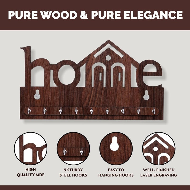 Eloxee Wooden Key Hanger for Wall – Stylish MDF Key Holder Stand with 7 Hooks – Modern Home Décor Accessory for Entryway, Living Room & Office – Durable Wall Mounted Organizer (Brown) - Image 2