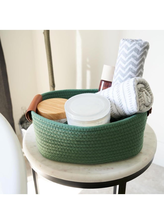 5-Piece Cotton Rope Storage Basket Set, Sage Green with Leather Handles, Decorative Organizer - Image 2