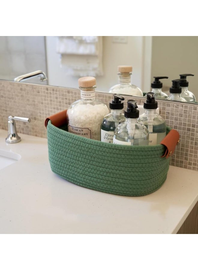 5-Piece Cotton Rope Storage Basket Set, Sage Green with Leather Handles, Decorative Organizer - Image 4