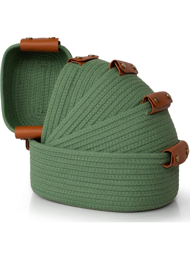 5-Piece Cotton Rope Storage Basket Set, Sage Green with Leather Handles, Decorative Organizer - Image 1