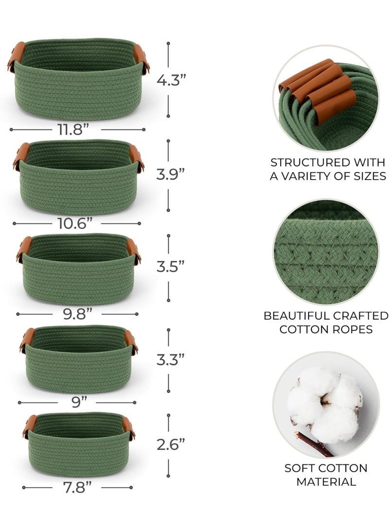 5-Piece Cotton Rope Storage Basket Set, Sage Green with Leather Handles, Decorative Organizer - Image 5