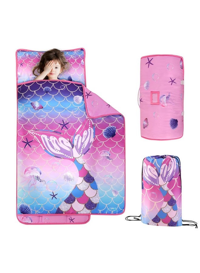 Wowelife Mermaid Toddler Nap Mat with Pillow, Mermaid Sleeping Bag for Girls, Preschool Nap Mats for Daycare, Kindergarten, Preschool, Travel and Camping, Pink Purple - Image 1