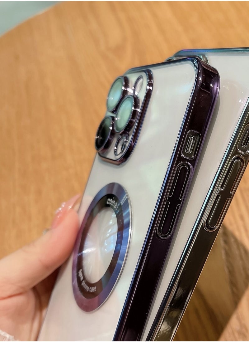 Color Fans for iPhone 13 Pro Case Magnetic Compatible with Magsafe Glass Lens Camera Protector Logo View Hard Luxury Phone Case for Women Men Transparent Cover Purple  - Image 5