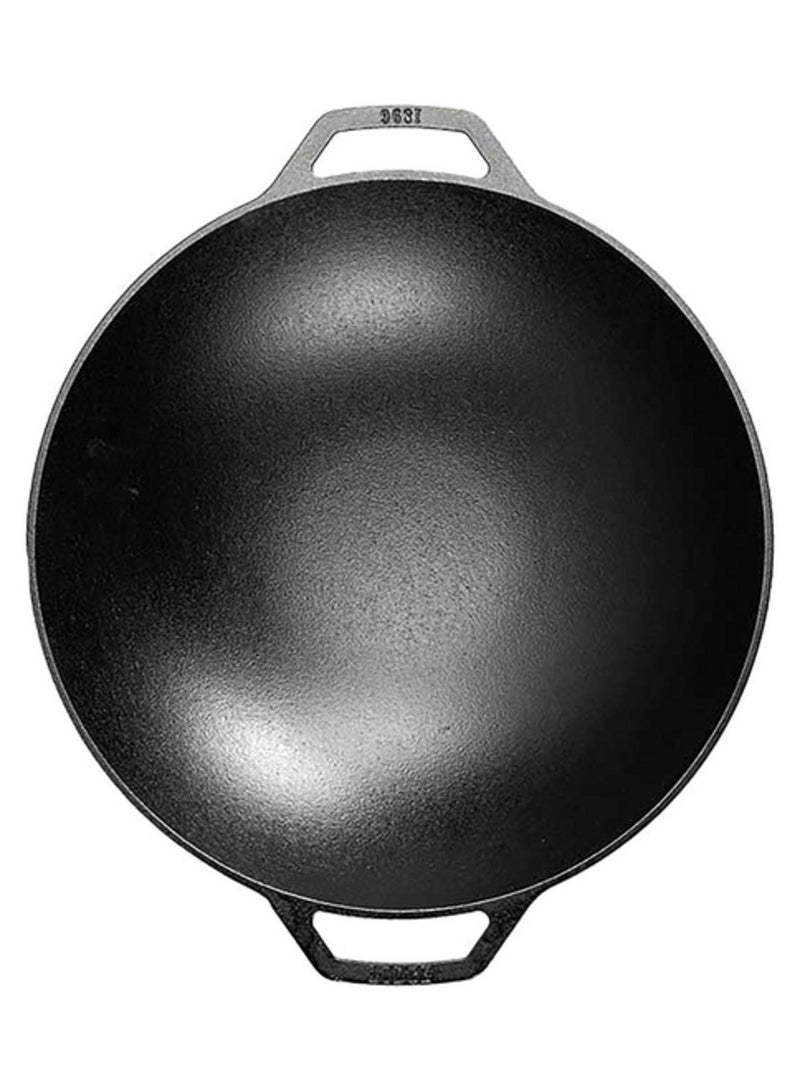 مقلاة ووك عالية الجودة من الحديد الزهر - شكل دائري بمقابض حلقية مزدوجة، 14 بوصة، أسود - Image 2