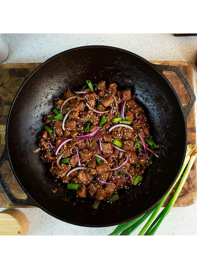 مقلاة ووك عالية الجودة من الحديد الزهر - شكل دائري بمقابض حلقية مزدوجة، 14 بوصة، أسود - Image 4