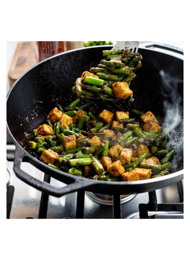 مقلاة ووك عالية الجودة من الحديد الزهر - شكل دائري بمقابض حلقية مزدوجة، 14 بوصة، أسود - Image 3