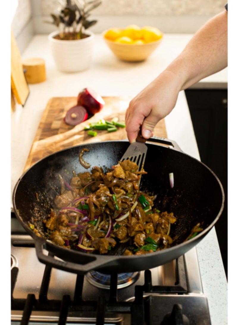 مقلاة ووك عالية الجودة من الحديد الزهر - شكل دائري بمقابض حلقية مزدوجة، 14 بوصة، أسود - Image 5