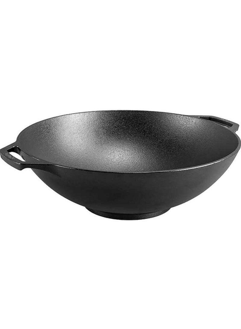 مقلاة ووك عالية الجودة من الحديد الزهر - شكل دائري بمقابض حلقية مزدوجة، 14 بوصة، أسود - Image 1