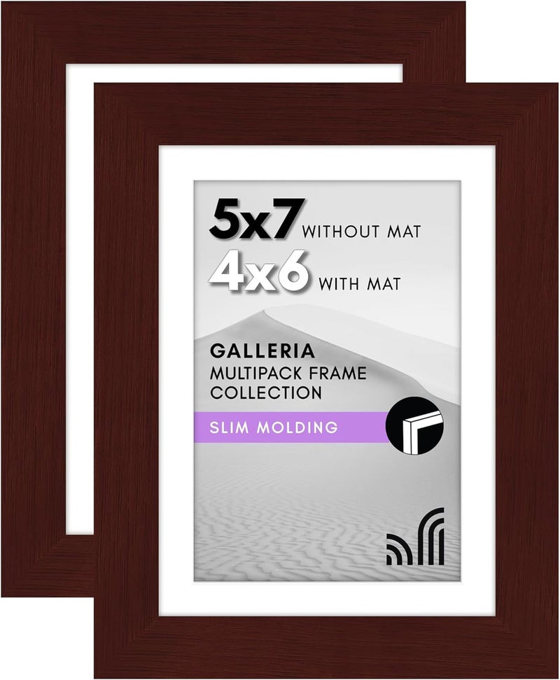 Americanflat 5x7 Picture Frame Set of 2 in Mahogany - Use as 4x6 Picture Frame with Mat or 5x7 Frame Without Mat - Collage Picture Frames with Plexiglass Cover and Easel for Wall and Tabletop - Image 1