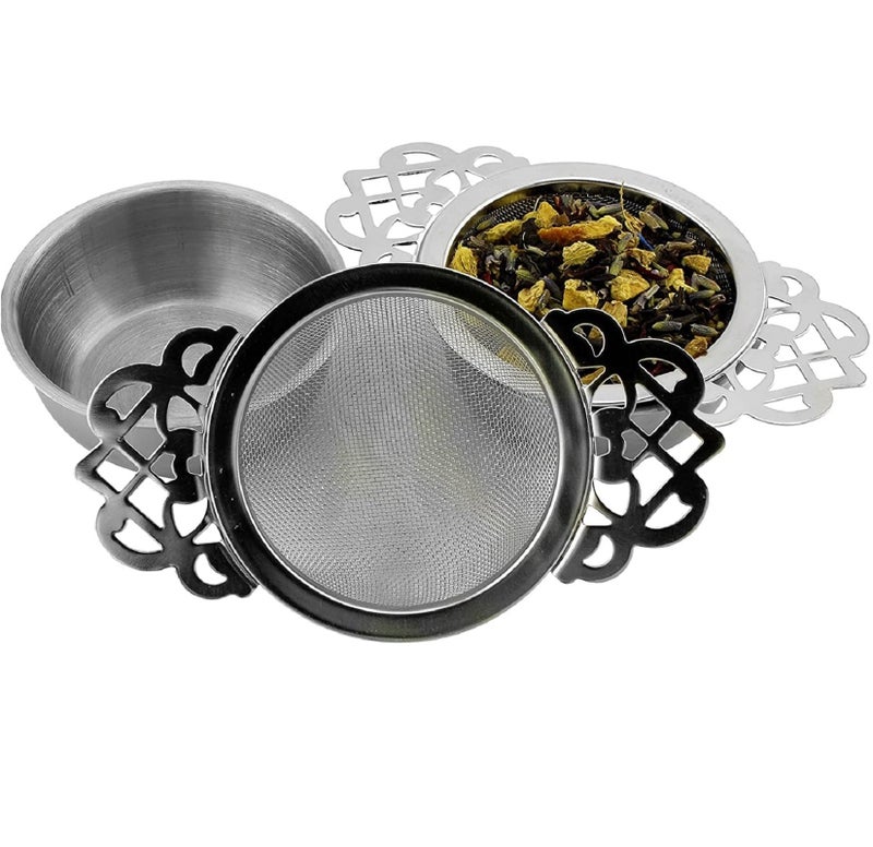 SOLSTICE TEA TRADERS Solstice Empress Tea Strainers with Drip Bowls (2-Pack); Elegant Stainless Steel Loose Leaf Tea Strainers - Image 1