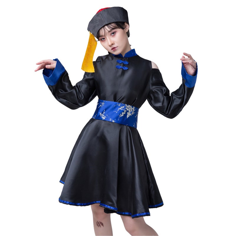 Halloween Zombie Dress Skeleton Qipao Costume Set blue red hat