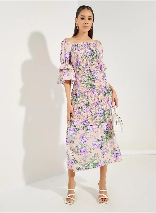 Colorful Square Neck Floral Layered Sleeves Dress by Styli