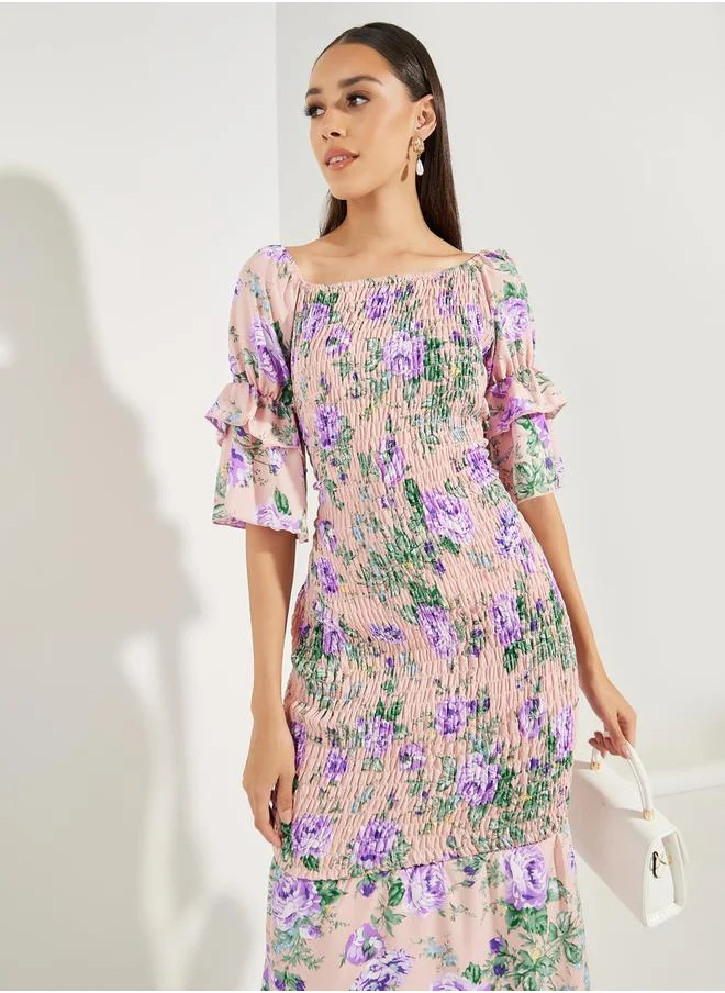 Colorful Square Neck Floral Layered Sleeves Dress by Styli