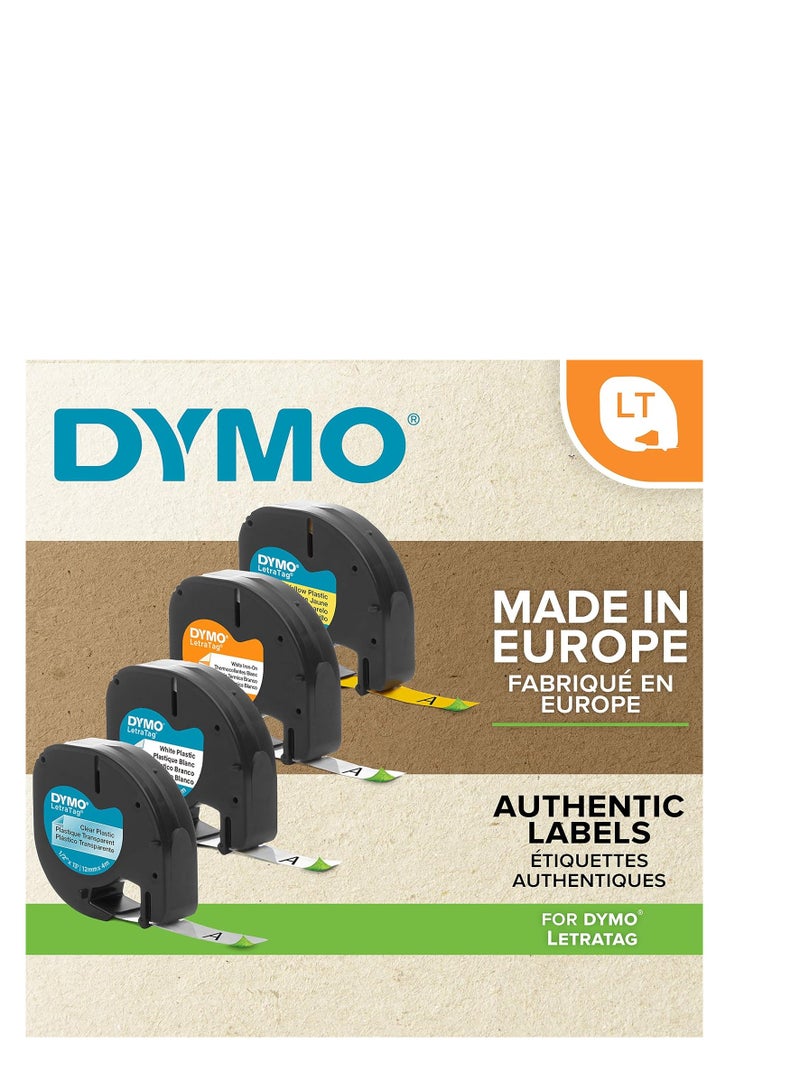Dymo Lt Labels Starter Pack With Paper, Plastic And Metallic Labels For Letratag Label Makers, 12 Mm X 4 M Rolls, Self Adhesive, 3 Rolls Assorted Colours, Silver/White/Yellow, S0721800 - Image 3