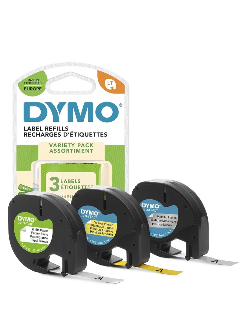 Dymo Lt Labels Starter Pack With Paper, Plastic And Metallic Labels For Letratag Label Makers, 12 Mm X 4 M Rolls, Self Adhesive, 3 Rolls Assorted Colours, Silver/White/Yellow, S0721800 - Image 1