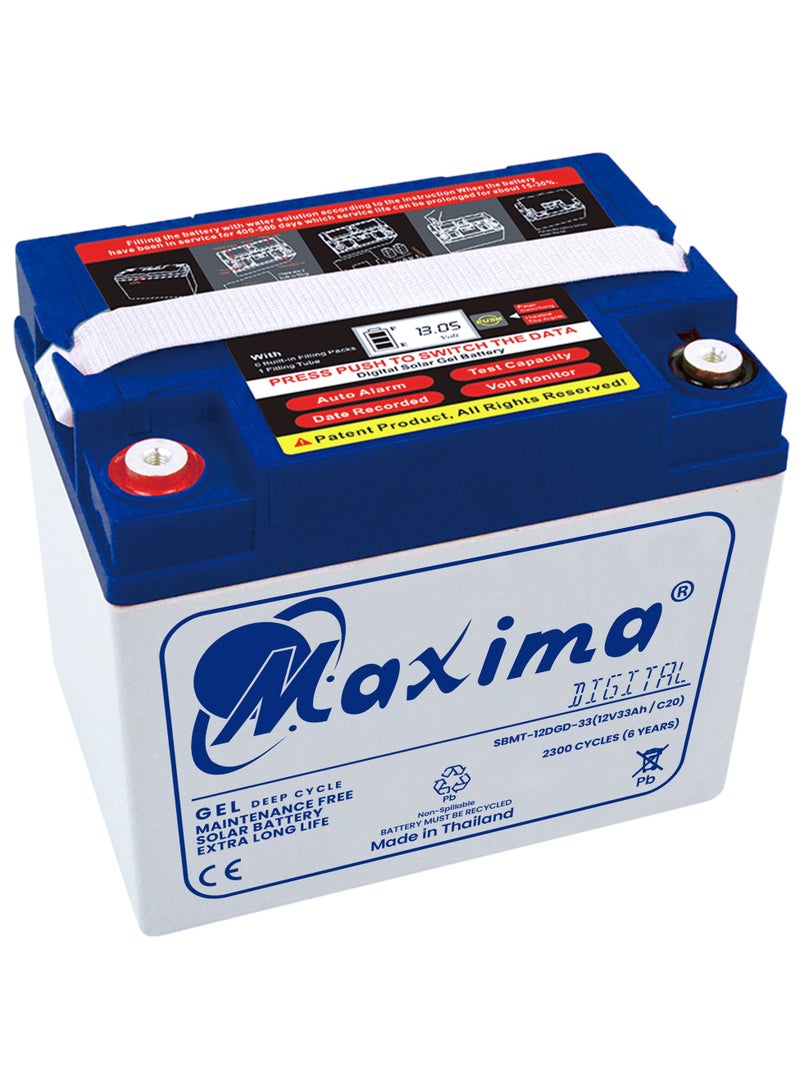 Maxima Solar Digital Gel Battery, Digital Gel Battery 33Ah, Rechargable Batteries, Maintenance Free Battery, Gel Deep Cycle Battery, 12V/33Ah solar battery with status indication (LCD) display