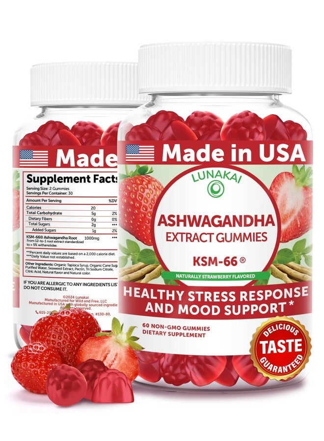 Lunakai USA Made KSM-66 Ashwagandha Gummies for Women & Men - Non-GMO Stress, Mood & Sleep Support Supplement, 60ct - Image 1
