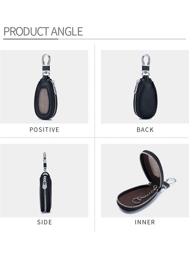 Car Key Case， Cowhide Leather Car Key Chain Case Holder Auto Key Fob Holder Key Fob Protector Smart Keychain Protector Cover with Metal Hook Zipper for Remote Car Key - Image 3
