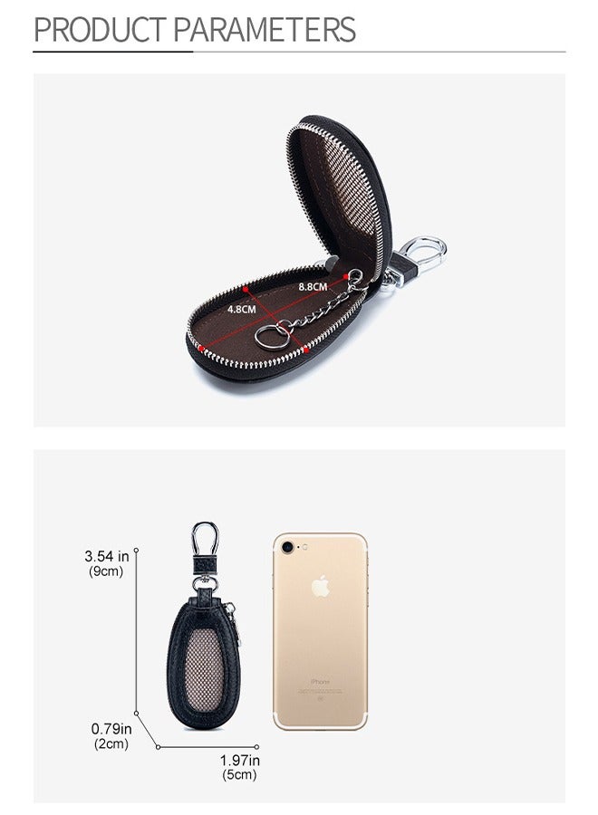 Car Key Case， Cowhide Leather Car Key Chain Case Holder Auto Key Fob Holder Key Fob Protector Smart Keychain Protector Cover with Metal Hook Zipper for Remote Car Key - Image 4