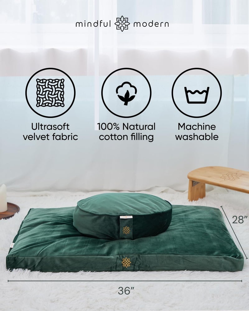 Mindful Modern حصيرة زابوتون للتأمل من المخمل العصري - وسادة تأمل فاخرة مع حشوة قطنية 100% - استمتع بوضعية أفضل وراحة أكبر لزافو أو مقعد (أخضر زمردي) - Image 3