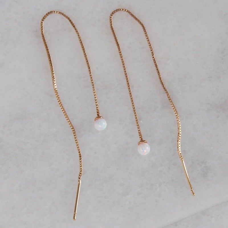 Humble Chic NY Created Opal Earrings for Women - Dangly Earrings for Woman, White Opal Gold Long Earrings, Double Earrings for Two Holes, Gold Opal Drop Earrings, 14k Gold Plated Gold Threader Earrings for Women - Image 3