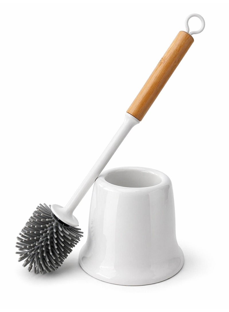 Primanova Silicone Toilet Brush With Holder, Quick Dry Hygienic Brush Set, Premium Silicone Bristles, Bamboo Style Handle, 39 cm (White) - Image 2