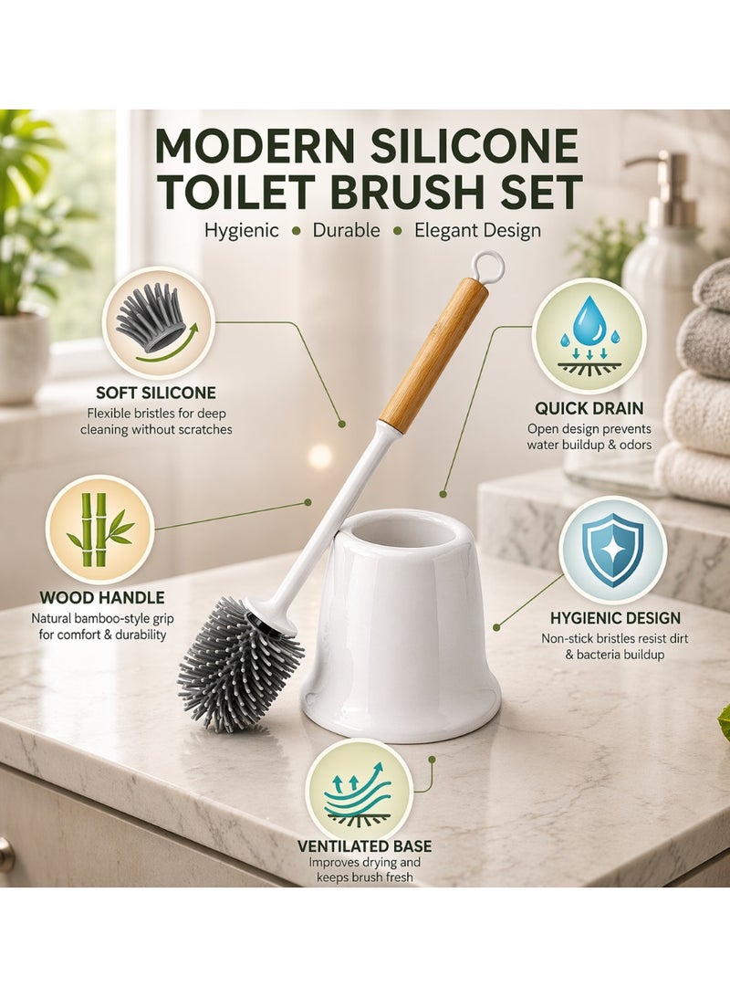 Primanova Silicone Toilet Brush With Holder, Quick Dry Hygienic Brush Set, Premium Silicone Bristles, Bamboo Style Handle, 39 cm (White) - Image 5