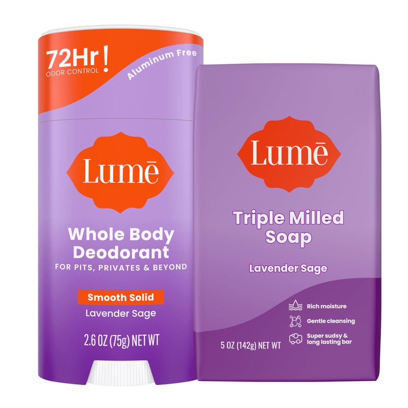 Lume Whole Body Deodorant And Soap  26 Ounce Smooth Solid Stick With 72 Hour Odor Control and 5 Ounce Triple Milled Soap  Aluminum Free Baking Soda Free and Skin Loving Lavender Sage