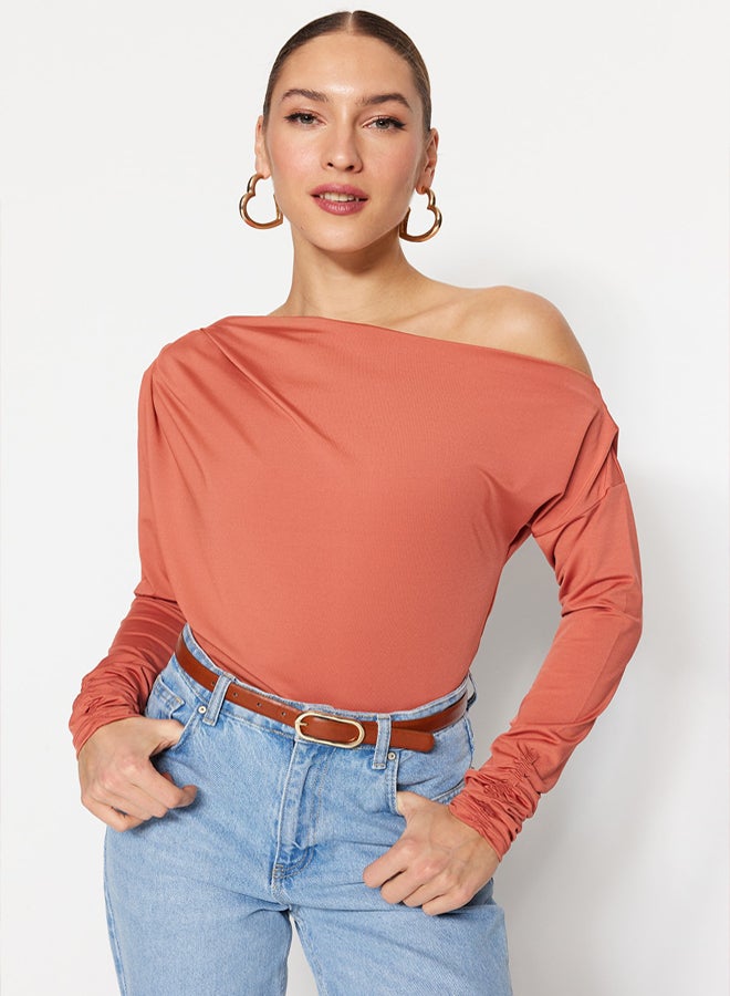 trendyol Cinnamon Asymmetrical Collar Flowy Stretchy Knitted Blouse - Image 4
