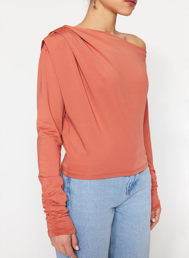 trendyol Cinnamon Asymmetrical Collar Flowy Stretchy Knitted Blouse - Image 2