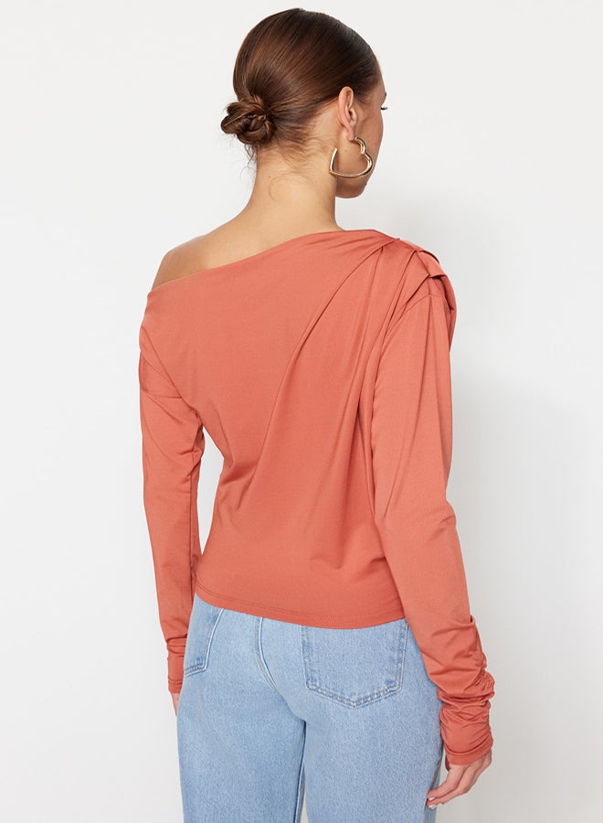 trendyol Cinnamon Asymmetrical Collar Flowy Stretchy Knitted Blouse - Image 5