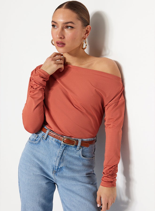 trendyol Cinnamon Asymmetrical Collar Flowy Stretchy Knitted Blouse - Image 1