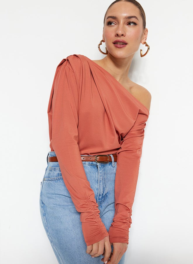 trendyol Cinnamon Asymmetrical Collar Flowy Stretchy Knitted Blouse - Image 3