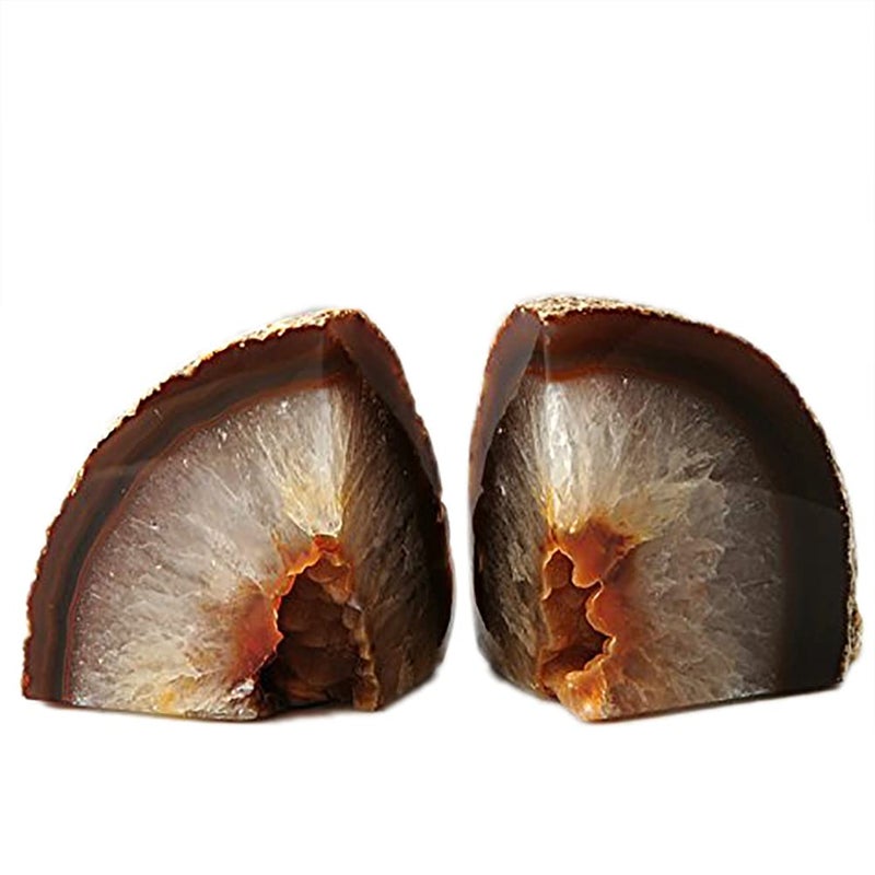 AMOYSTONE Geode Bookends Agate Shelve Decor Crystal Book Ends for Heavy Books Nature Brown with Rubber Bumper1 Pair 34 LBS