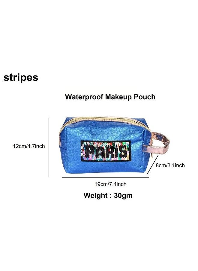 STRIPES Portable Waterproof Pu Blue Colour Toiletries Makeup Pouch Travel Kit Bag Stylish Pouch For Makeup Accessories Pouch For Women And Girls (With Colourful Sequins Paris Patch)  - Image 5